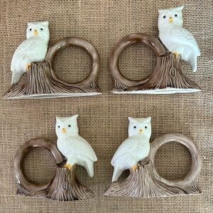 Vintage Snowy Owl on Branch Ceramic Napkin Rings Woodsy Cabincore  Set Of 4